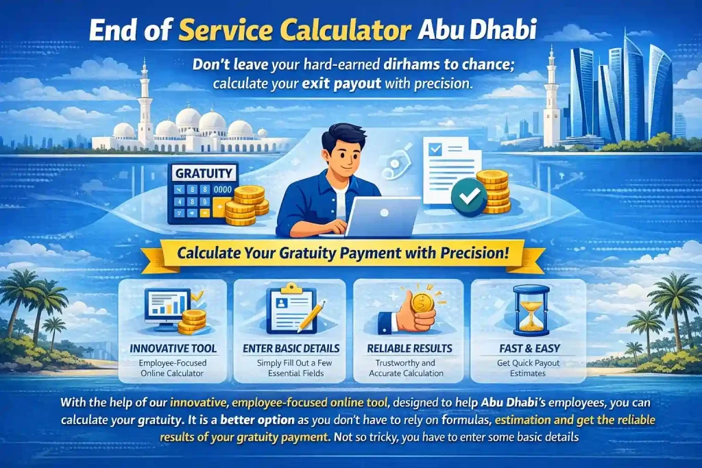 End-of-service-calculator-Abu-Dhabi-illustration-employee-using-laptop-gratuity-calculation-coins-icons-precision-online-tool-skyline-background-palm-trees