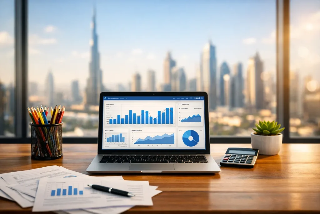 Dubai-office-desk-laptop-graphs-calculator-documents-pen-pencil-holder-potted-plant-skyline-view