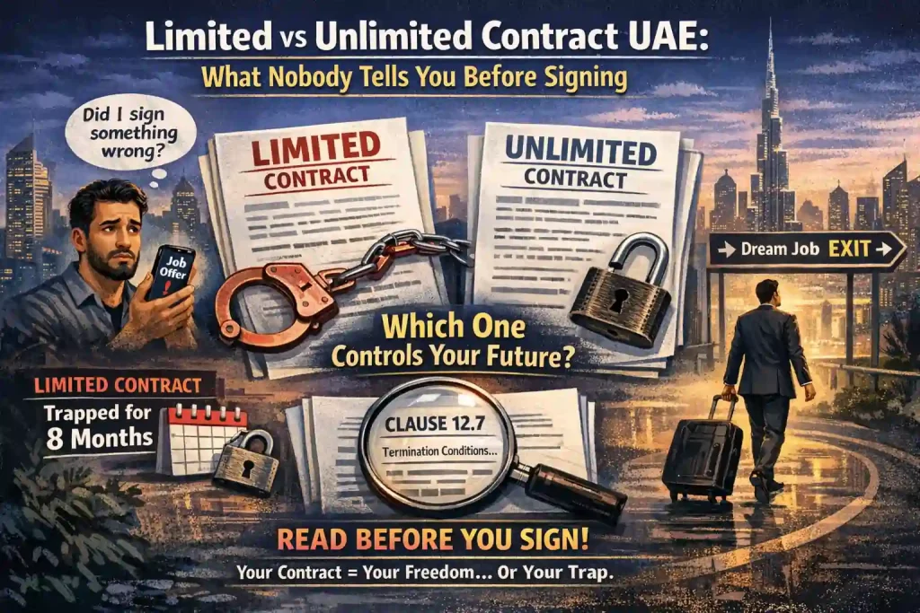 Man-choosing-limited-vs-unlimited-contract-UAE-trapped-future-exit-dream-job-clauses