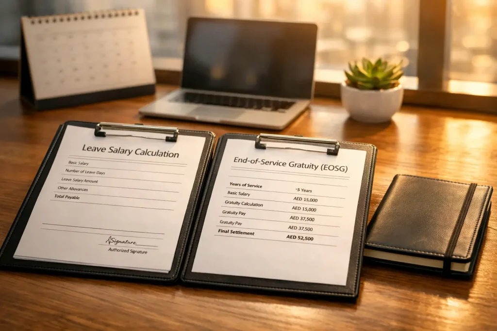 Comparison of Leave Salary and End of Service Benefits Documents in a UAE Employment Context