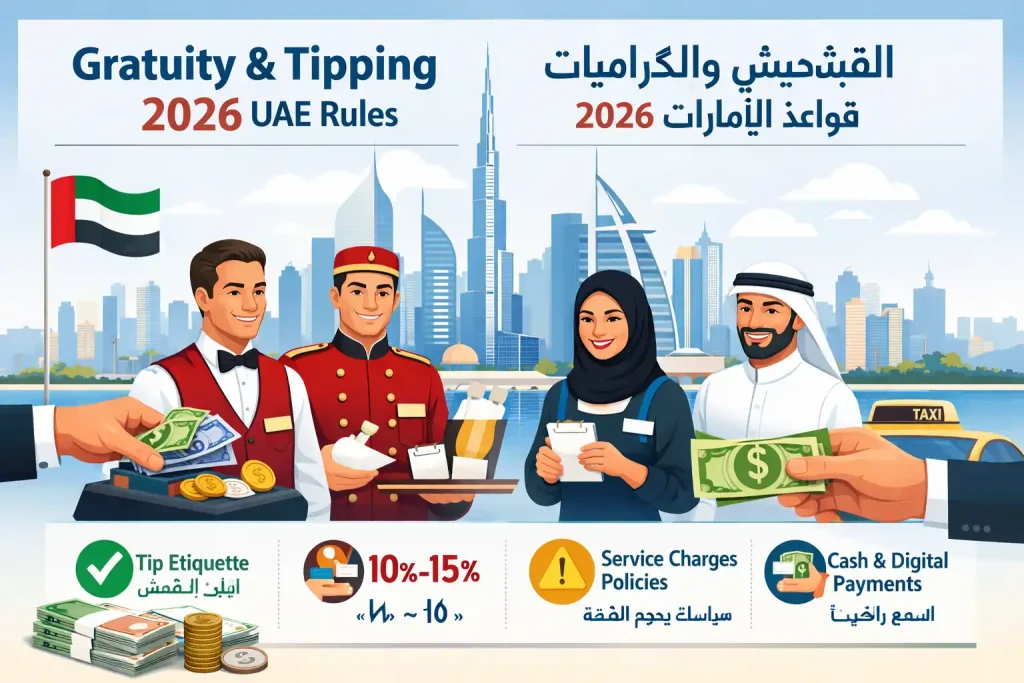 An-infographic-on-2026-UAE-gratuity-rules-showing-service-staff-receiving-tips-with-etiquette-and-payment-policy-icons.