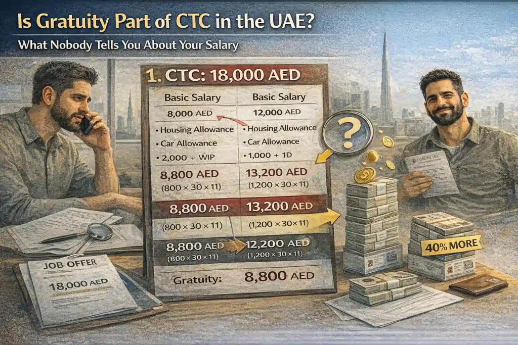 Man-comparing-CTC-salary-gratuity-earnings-UAE-job-offer-money-stacks-40-percent-more