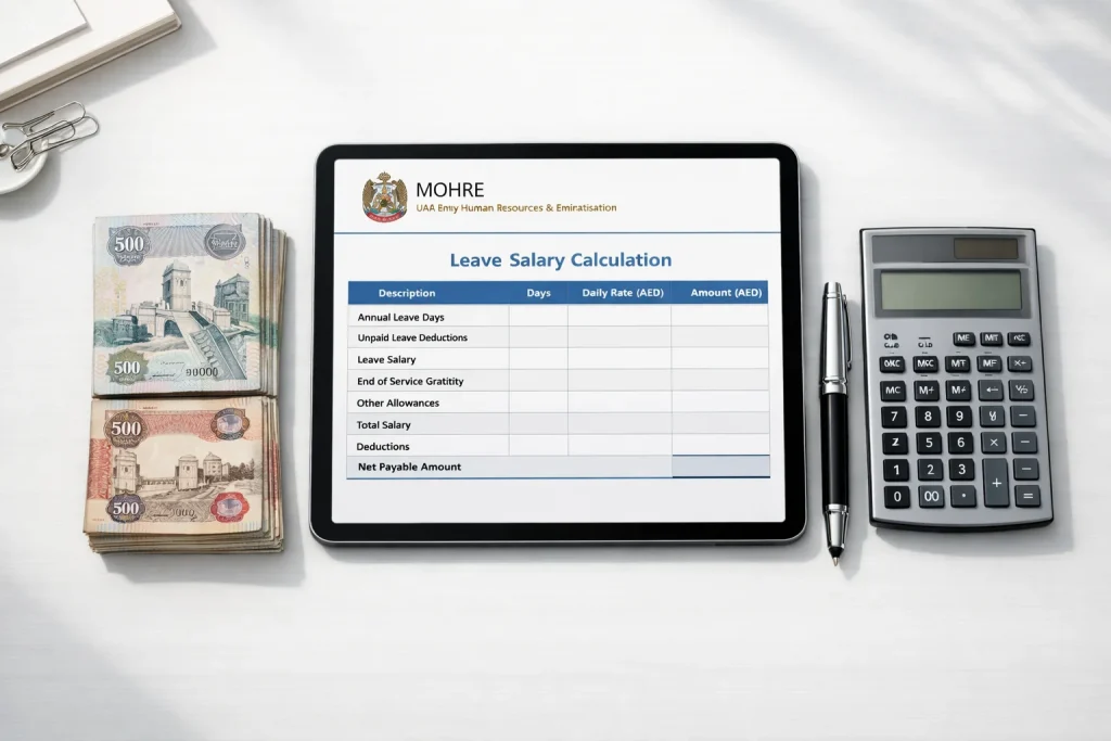 mohre-leave-salary-calculation-on-tablet-with-uae-dirham-cash-calculator-and-pen-on-white-desk