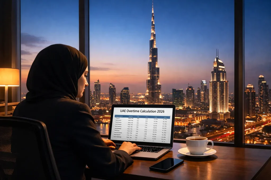 woman-working-laptop-uae-overtime-calculation-2026-burj-khalifa-view
