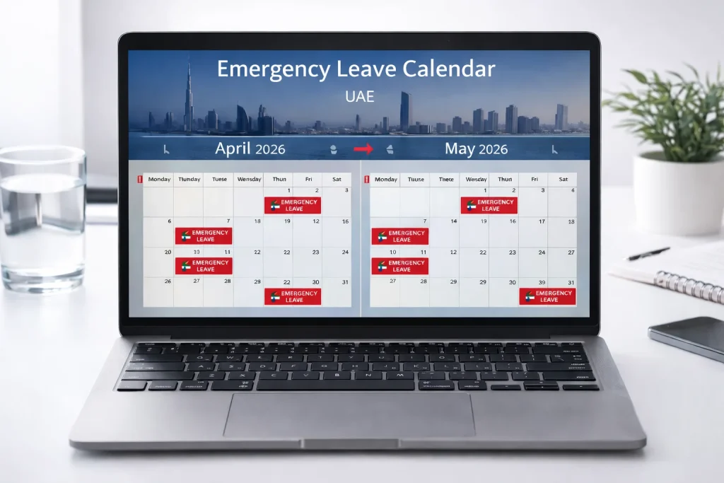 UAE-emergency-leave-calendar – laptop-screen – digital-scheduling – April-May-2026 – office-desk-setup – official-leave-management